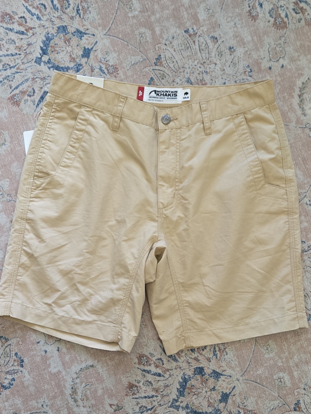 Mountain Khakis Slim Fit Tan Flat Front Poplin Shorts 8" Inseam 4 Pocket 33 NEW